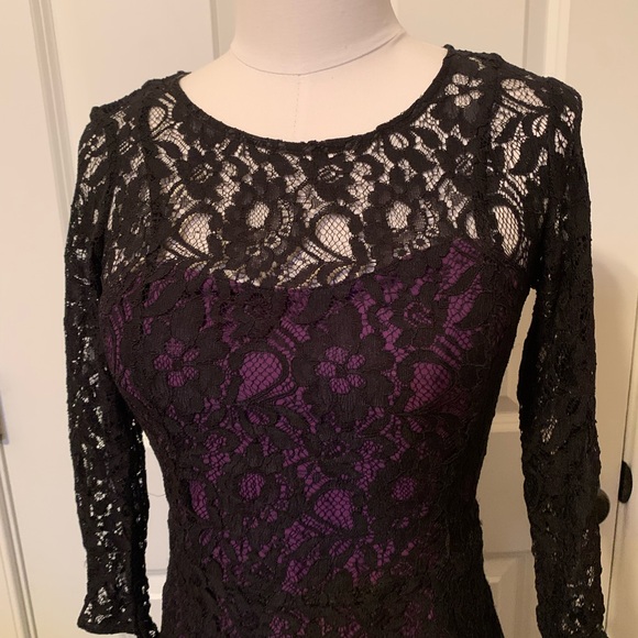 NWT Black Lace 4 Pencil French Connection LBD Lined Purple Acai 3/4 Slv Dress - Picture 4 of 14